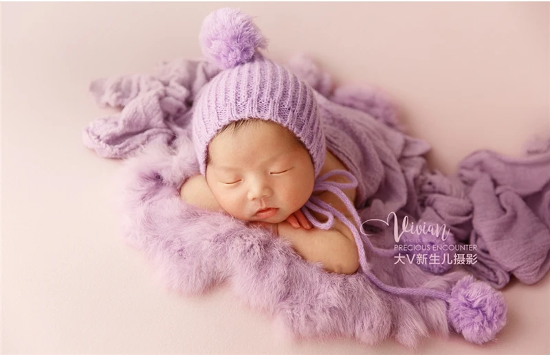 Реквизит для фотосъемки новорожденных, Вязаная Синяя Плюшевая Шапочка с мячом, Хлопковое Фоновое одеяло, Фиолетовый Тематический набор, Реквизит для студийной съемки