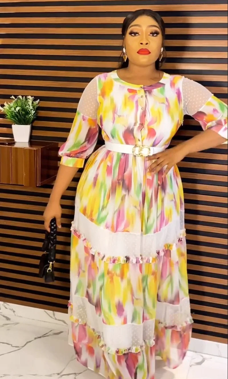 Платья с африканским принтом для женщин, летнее Элегантное длинное платье из полиэстера с круглым вырезом и коротким рукавом в африканском стиле, макси-платье, африканская одежда для женщин