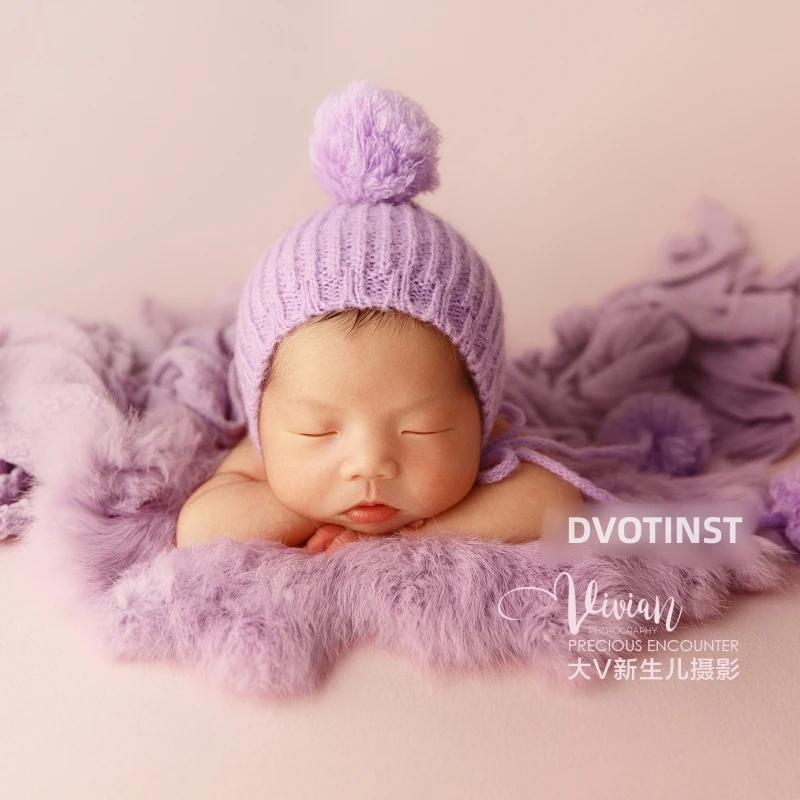 Реквизит для фотосъемки новорожденных, Вязаная Синяя Плюшевая Шапочка с мячом, Хлопковое Фоновое одеяло, Фиолетовый Тематический набор, Реквизит для студийной съемки